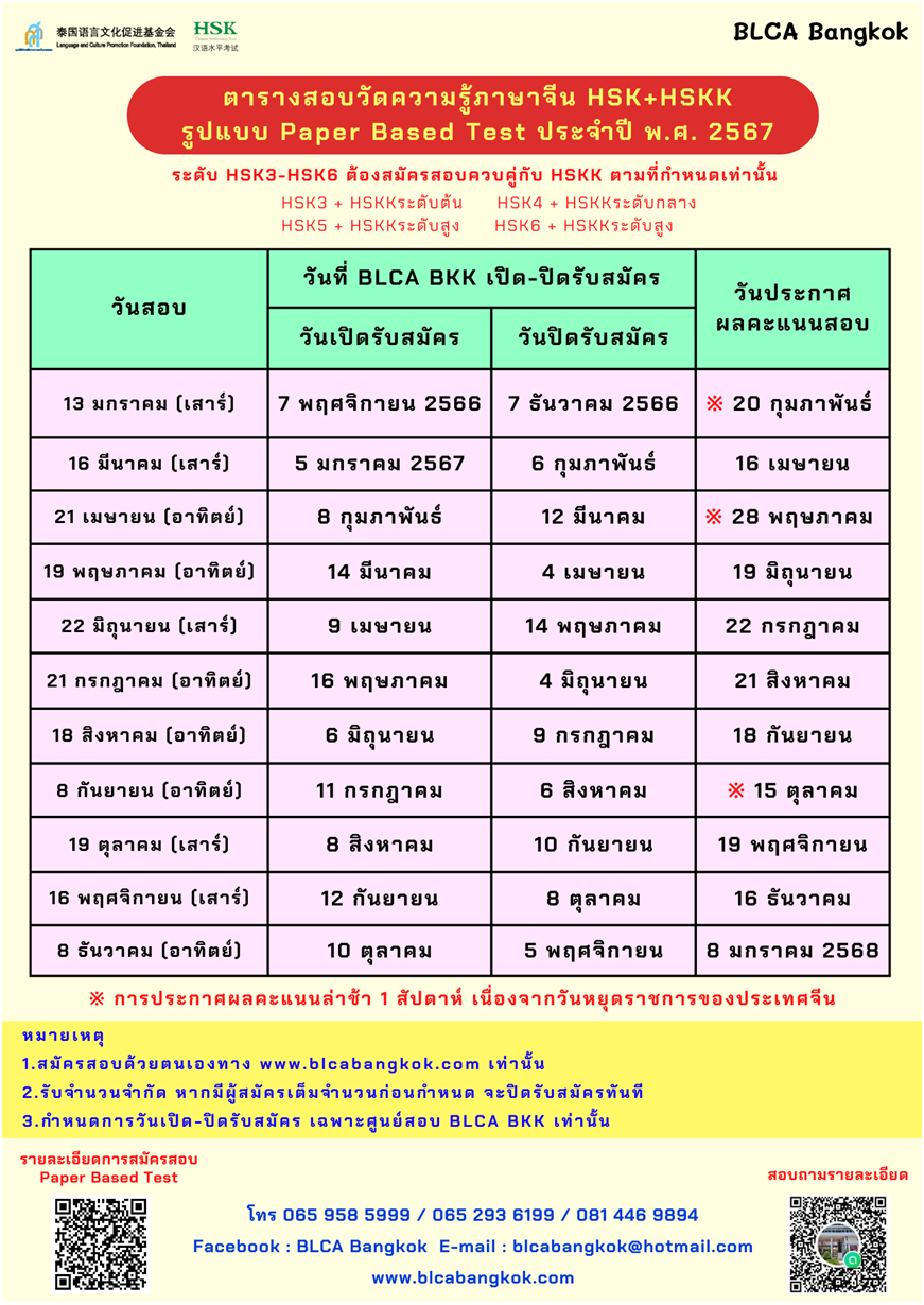 ตารางสอบวัดระดับความรู้ภาษาจีนระบบข้อเขียน ประจำปี พ.ศ. 2567(HSK+HSKK)